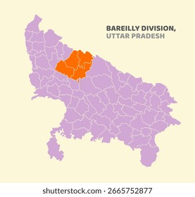 División de Bareilly destacada en el mapa estatal de Uttar Pradesh de la India