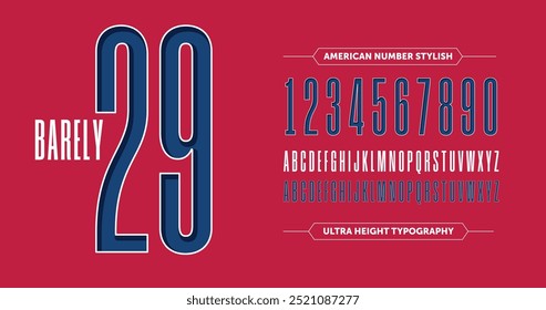 Barely 29: Custom sports numbers featuring letters A-Z and numbers 0-9. Designed with an ultra-condensed character style, showcasing bold American colors.