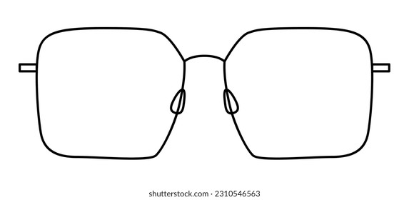 Barely There Rectangle frame glasses fashion accessory illustration. Sunglass front view for Men, women, unisex silhouette style, flat rim spectacles eyeglasses with lens sketch outline isolated