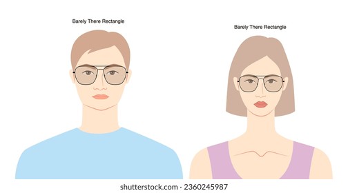 Barely There Rectangle frame glasses on women and men flat character fashion accessory illustration. Sunglass front view unisex silhouette style, rim spectacles eyeglasses with lens sketch isolated