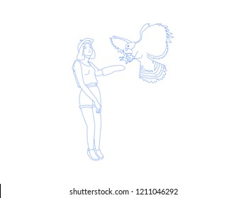 Baret girl with her eagle pet in line illustration style vector isolated