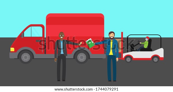 a bargain between two men in the\
background A man on a loader loads a box into a\
truck