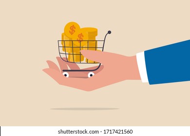 Bargain Business Deal For Buyer And Seller, Best Price Shopping, Stock For Investor Or Consumer And Marketing Concept, Dollar Gold Coins In Shopping Cart Or Trolley In Businessman Hand.