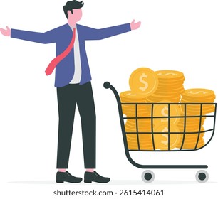 Bargain business deal for buyer and seller, best price shopping, stock for investor or consumer and marketing concept, dollar gold coins in shopping cart or trolley in businessman.

