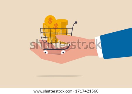 Bargain business deal for buyer and seller, best price shopping, stock for investor or consumer and marketing concept, dollar gold coins in shopping cart or trolley in businessman hand.