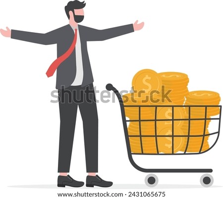 Bargain business deal for buyer and seller, best price shopping, stock for investor or consumer and marketing concept, dollar gold coins in shopping cart or trolley in businessman.

