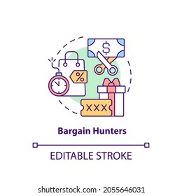 Bargain hunters concept icon. Internet consumer behavior idea thin line illustration. Available sales promotions. Free sample, special offer. Vector isolated outline RGB color drawing. Editable stroke