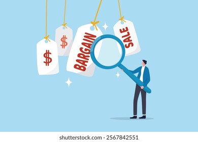 Bargain sale event, finding discount retail price, coupon or promotion offer, price advantage for customer, consumer, special price marketing concept, young man finding special bargain sale price tag.
