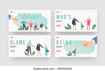 Bargain Stock Scapegoat Landing Page Template Set. Boss Hand Pointing On Business People Stand In Row Shift Blame On Confused Businessman Character At Workplace, Blaming. Cartoon Vector Illustration