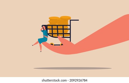 Bargain trade with the buyer. Hand holds a cart with money gold coins and a woman sits on the hand vector illustration. Business purchases at a good price consumer. People invest in sales for profit
