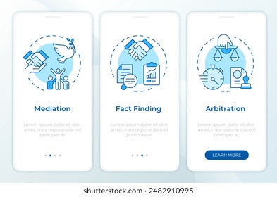 Bargaining impasses resolving blue onboarding mobile app screen. Walkthrough 3 steps editable graphic instructions with linear concepts. UI, UX, GUI template