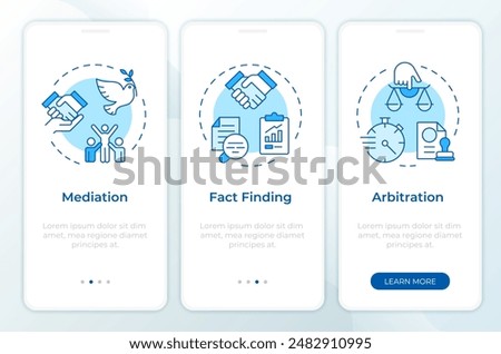 Bargaining impasses resolving blue onboarding mobile app screen. Walkthrough 3 steps editable graphic instructions with linear concepts. UI, UX, GUI template