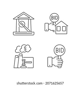 Juego de referencias para iconos lineales de propiedades. Venta inmobiliaria. Subasta de emisiones. Casa de subastas. Licitación. Símbolos de contorno de línea delgada personalizables. Ilustraciones aisladas del contorno vectorial. Trazo editable