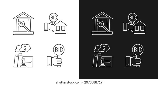 Bargaining for property linear icons set for dark and light mode. Real estate selling. Emission auction. Bidding. Customizable thin line symbols. Isolated vector outline illustrations. Editable stroke