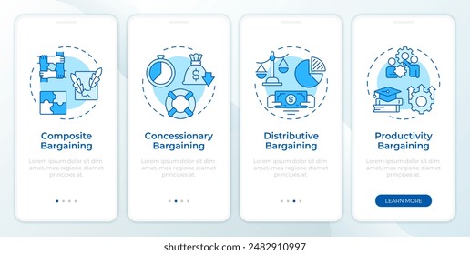 Bargaining tactics examples blue onboarding mobile app screen. Walkthrough 4 steps editable graphic instructions with linear concepts. UI, UX, GUI template