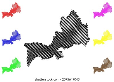 Distrito de Bargarh (estado de Odisha, República de India) mapa de ilustración vectorial, dibujo garabato mapa de Bargarh