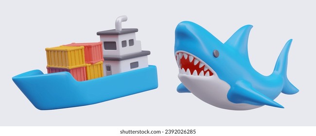 Barge with containers, giant blue shark with gaping jaws. Boat and naval monster. Ocean hungry predator. Danger to water vehicles. Extreme transportation