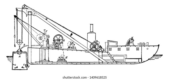 Barge With Diving Bell Which Is Raised And Lowered By Means Of The Chain And Steam Winch, Vintage Line Drawing Or Engraving Illustration.