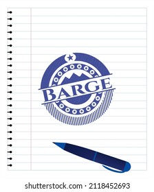 Barge drawn with pen. Blue ink. Vector Illustration. Detailed. 