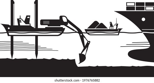 Barge excavator make way of cargo ship – vector illustration