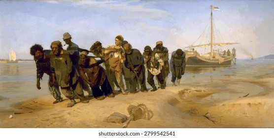 Barge Haulers on the Volga - vector illustration