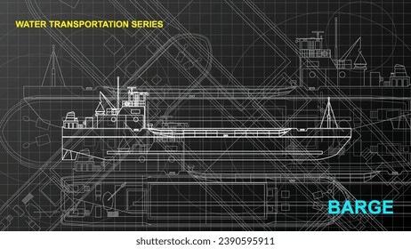 Modelo de tanque de barcazas o de aterrizaje. Papel de la pantalla de dibujo de líneas de la serie de transporte de agua. Dibujo artístico. Líneas de cuadrícula dibujando sobre fondo oscuro. 