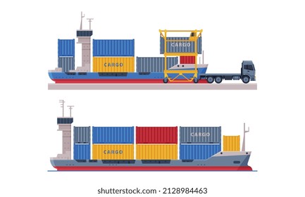 Barge with Metal Cargo Container as Freight Delivering Service Vector Set