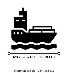 Barge pixel perfect glyph solid icon. Water transport in shallow water. Cargo ship carrying freights. Maritime industry. Black silhouette symbol on negative space. Vector isolated illustration