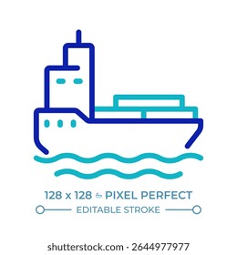 Barge pixel perfect two color line icon. Water transport in shallow water. Cargo ship. Maritime industry bicolor outline symbol. Duotone linear pictogram. Isolated illustration. Editable stroke