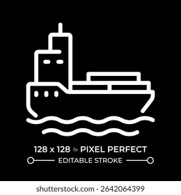 Barge pixel perfect white line icon in negative space. Water transport in shallow water. Cargo ship carrying freights. Maritime. Monochrome linear symbol on black background. Editable stroke