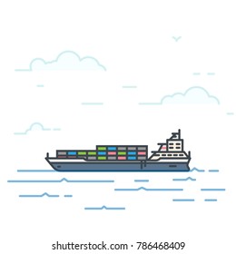 Barge ship with containers and boxes in the sea. Trendy line vector illustration. Big boat on water. Oceanic ship transportation concept. Water transport.