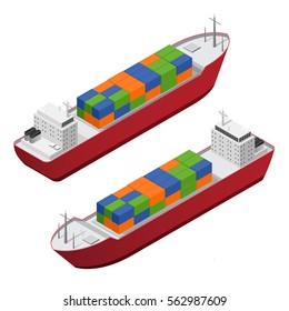 Barge Ship Set with Color Freight Containers Isometric View Concept Cargo Transportation. Vector illustration