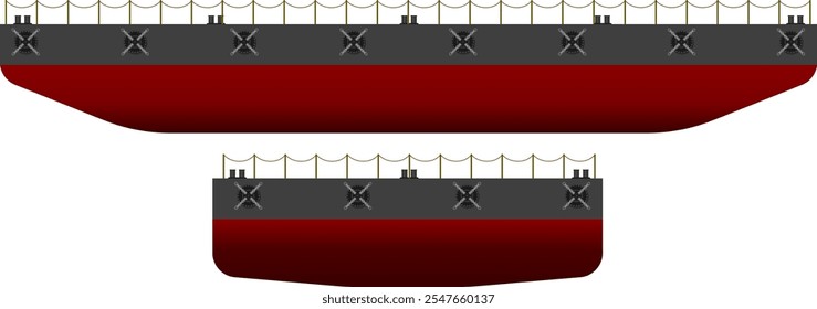 Barcaça. Lado e perfil frontal de uma barcaça semelhante aos empurrados por rebocadores no Rio Mississippi. Ilustração vetorial isolada detalhada.