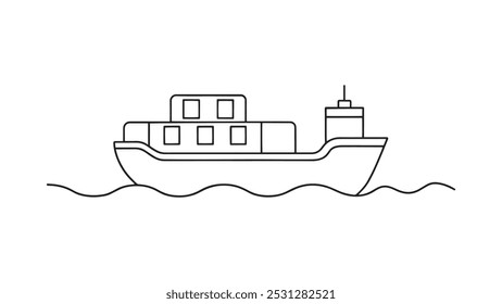 Barge Water Transport isolated continuous line art flat vector illustration on white background