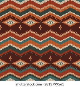 Bargello Flame Zigzag Knit Cross Stitch Pattern Rust Teal Cream Chevron Diamond Eye Medallion Folk Ethnic Cozy Autumn Seamless Vector