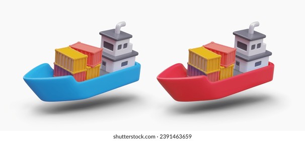 Barges con contenedores. Barcos de carga realistas de diferentes colores. Transporte de carga por agua. Gran nave. Conjunto de ilustraciones vectoriales 3D en estilo de dibujos animados