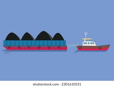 Barges filled with coal are towed by tugboats. Cargo ship carrying coal. Cargo ship carrying coal. 