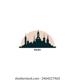 Bari cityscape skyline city panorama vector flat modern logo icon at sunrise, sunset. Italy, Puglia town travel emblem idea with landmarks and building silhouettes. Isolated flat graphic