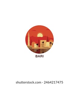 Bari cityscape, vector badge, flat skyline logo, icon. Italy, Puglia city round emblem idea with landmarks and building silhouettes. Isolated graphic