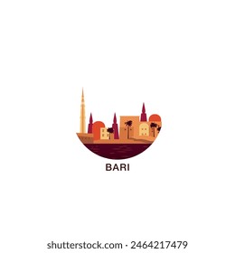 Bari cityscape, vector badge, flat skyline logo, icon. Italy, Puglia city round emblem idea with landmarks and building silhouettes. Isolated graphic