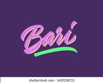 Bari hand made calligraphic lettering in original style. European city typographic script font for prints, advertising, identity. Hand drawn touristic art in high quality. Travel and adventure