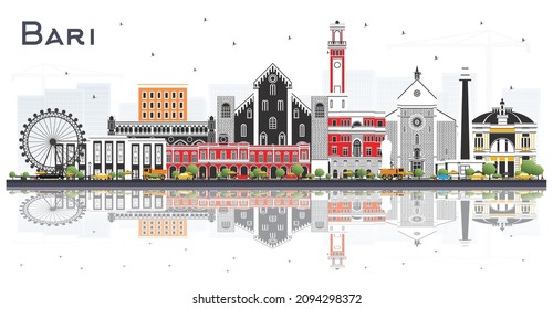 Bari Italy City Skyline with Gray Buildings and Reflections Isolated on White. Vector Illustration. Business Travel and Tourism Concept with Modern Architecture. Bari Cityscape with Landmarks.