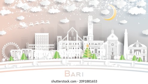 Bari Italy City Skyline in Paper Cut Style with Snowflakes, Moon and Neon Garland. Vector Illustration. Christmas and New Year Concept. Santa Claus on Sleigh. Bari Cityscape with Landmarks.