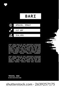 Bari, Italy vector infographics, brochure black and white layout. Guide, leaflet, flyer, graphic template with text, information, skyline contour. Page, festival, cover mock up image