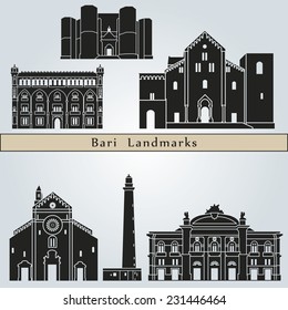 Bari landmarks and monuments isolated on blue background in editable vector file