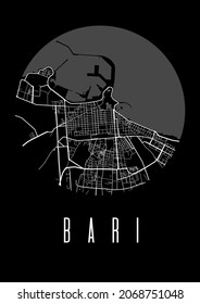 Bari map vector black poster. Round circular view, street map of Bari city A4 illustration. Cityscape area panorama silhouette aerial view, typography style. Land, river, highways, avenue.