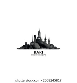 Bari panorama, vector badge, skyline logo and icon. Italy, Apulia city horizon logotype with landmarks and building silhouettes. Isolated foggy abstract gradient graphic