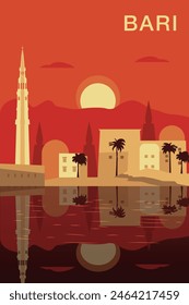 Bari retro city poster with abstract shapes of skyline, buildings. Vintage Italy, Puglia town travel vector illustration