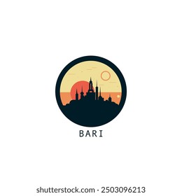 Bari skyline, downtown panorama logo, logotype. Italy, Puglia region city round badge contour, isolated vector vintage pictogram with monuments, landmarks