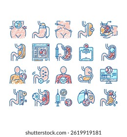 Bariatric Surgery Collection doodle icons set vector. Excess Weight Risk Of Complications, Severe Bleeding Result Of Bariatric, Lung Or Breath Problem Illustration.